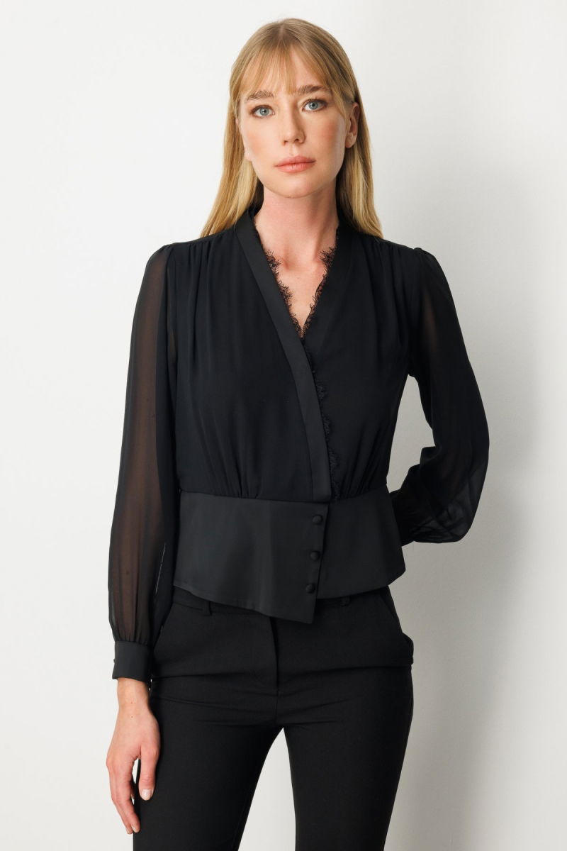 Ekol Kadın Yakası Dantel Detaylı Kruvaze Bluz 3023 Siyah - Ekol