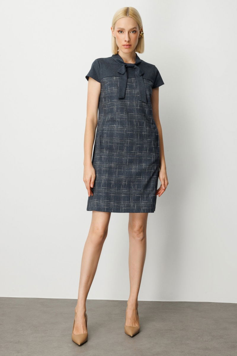 Ekol Kadın Yakası Fiyonk Detaylı Desenli Elbise 4019 Lacivert - Ekol