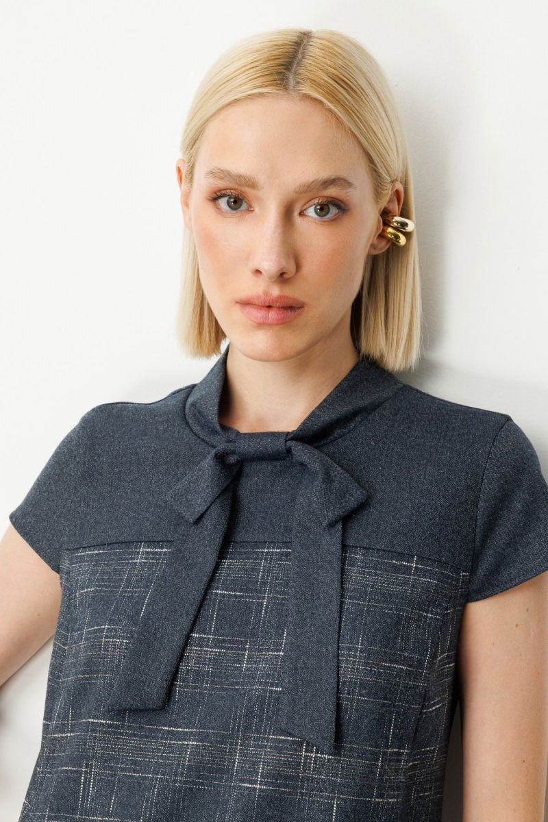 Ekol Kadın Yakası Fiyonk Detaylı Desenli Elbise 4019 Lacivert - 3