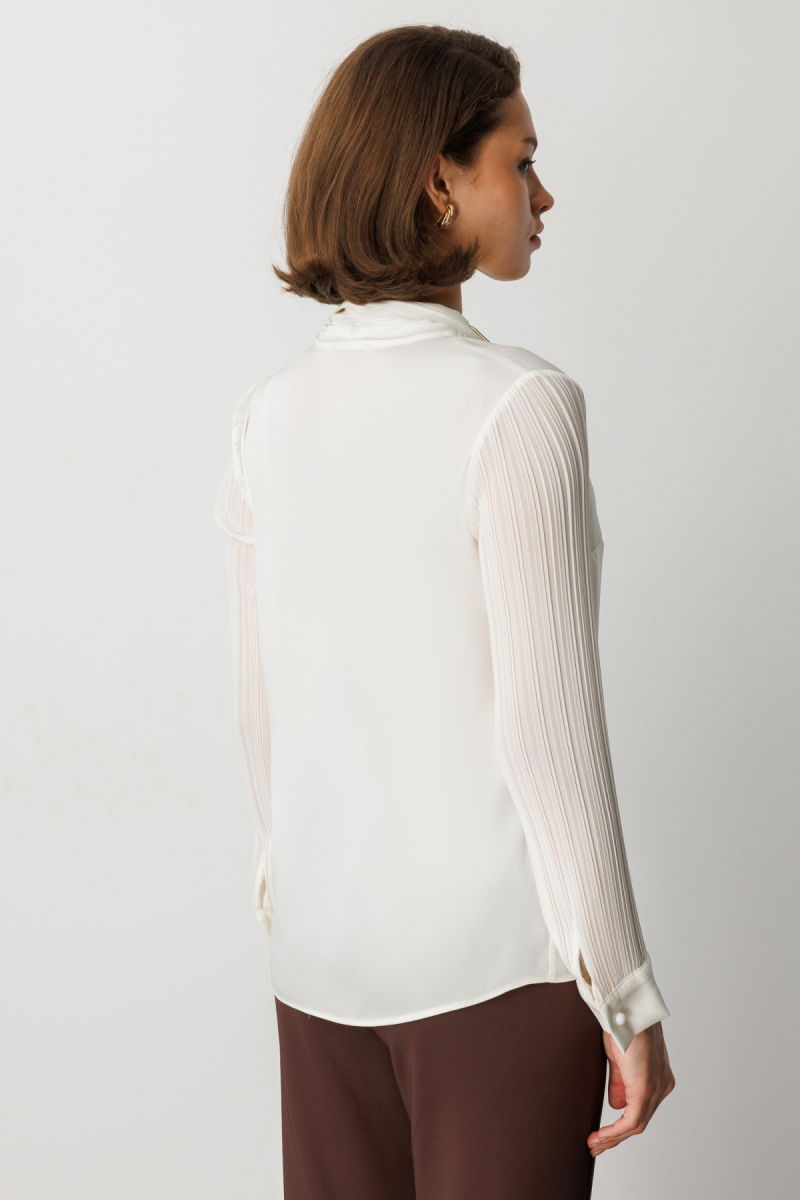 Ekol Kadın Yakası Fularlı Broş Detaylı Bluz 3021 Ekru - 4