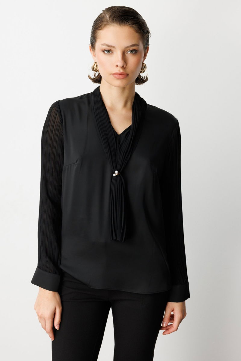 Ekol Kadın Yakası Fularlı Broş Detaylı Bluz 3021 Siyah - Ekol