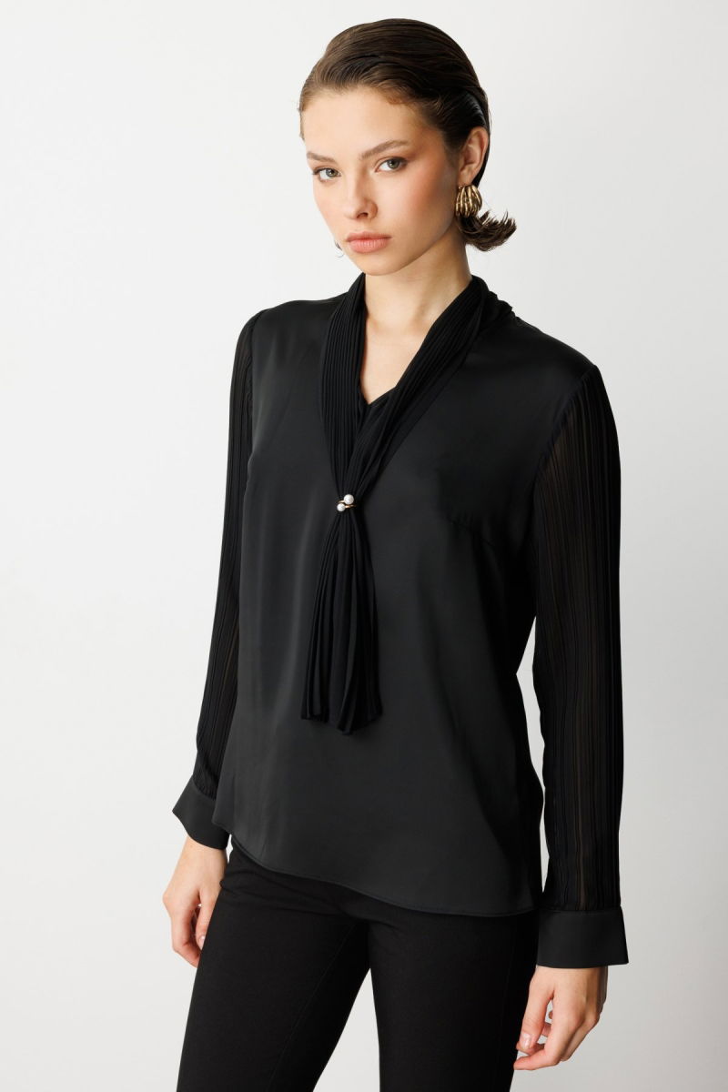 Ekol Kadın Yakası Fularlı Broş Detaylı Bluz 3021 Siyah - 2