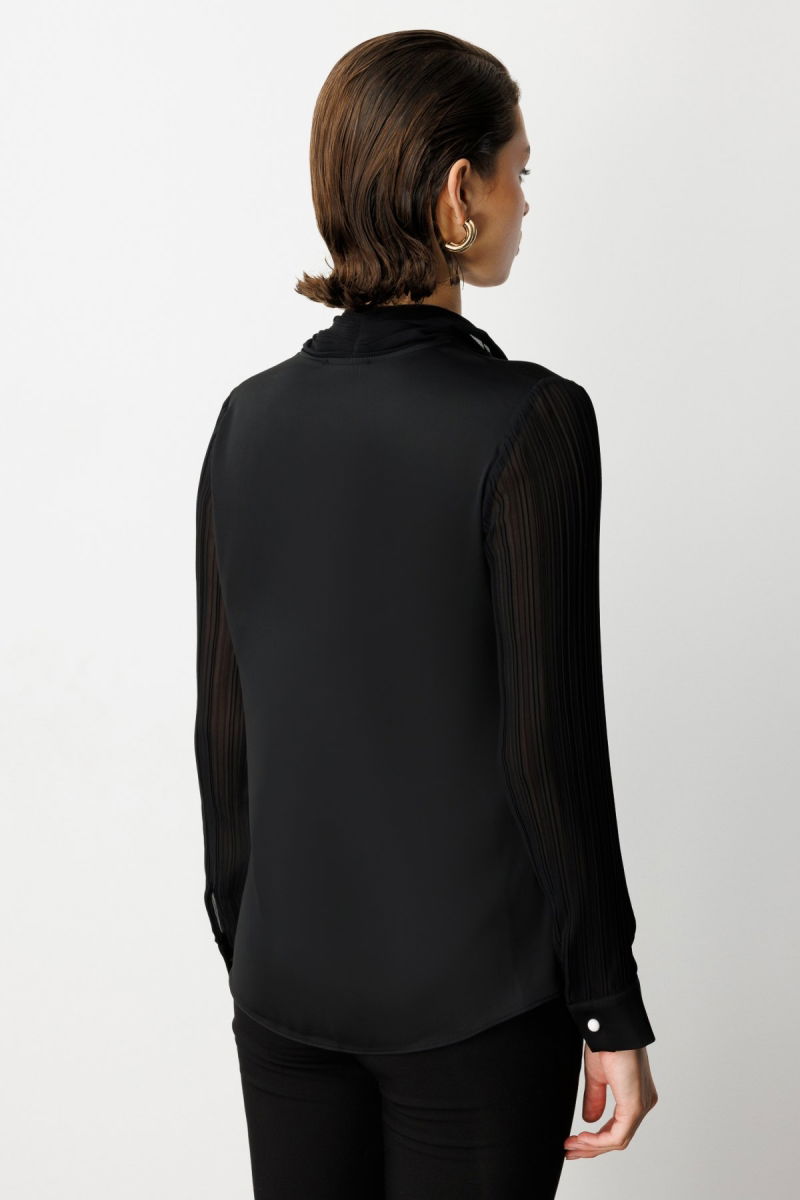 Ekol Kadın Yakası Fularlı Broş Detaylı Bluz 3021 Siyah - 4