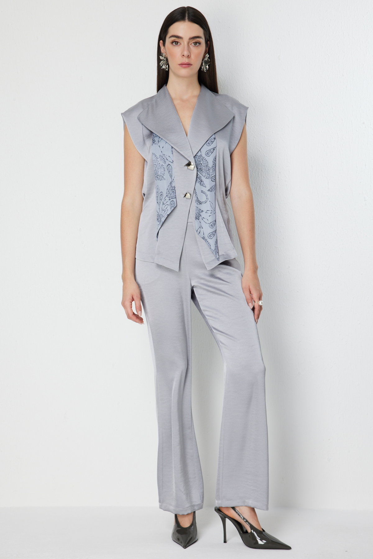 Ekol Kadın Yakası Fularlı Kruvaze Yelek 1212 Gümüş - 3