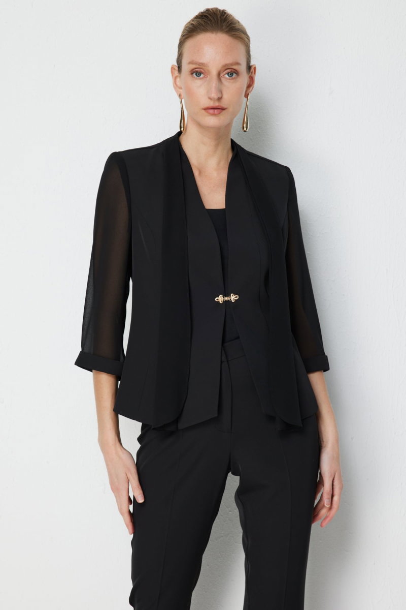 Ekol Kadın Yakası Fularlı Yarım Kol Ceket 1138 Siyah - Ekol