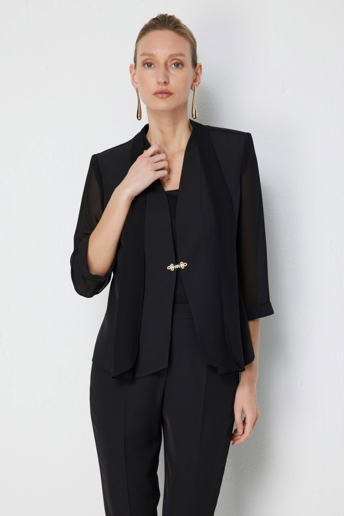 Ekol Kadın Yakası Fularlı Yarım Kol Ceket 1138 Siyah - 2