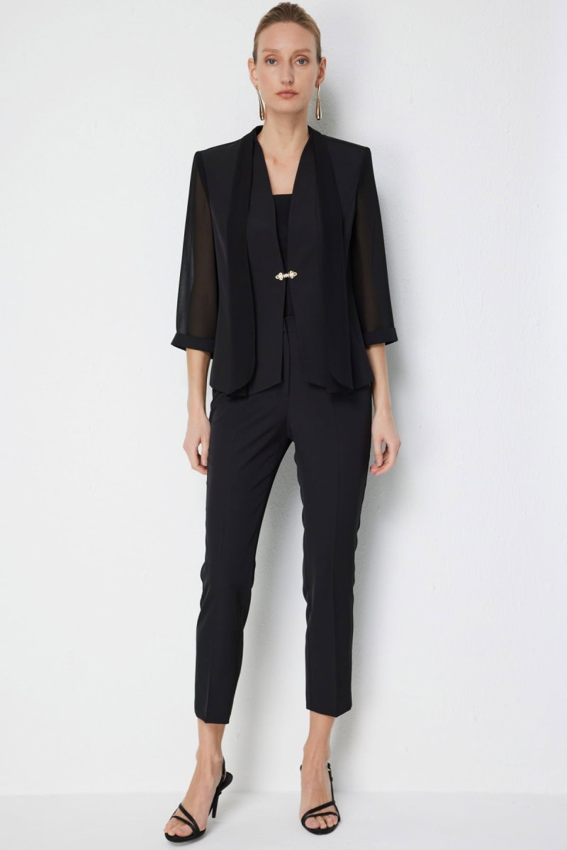 Ekol Kadın Yakası Fularlı Yarım Kol Ceket 1138 Siyah - 3