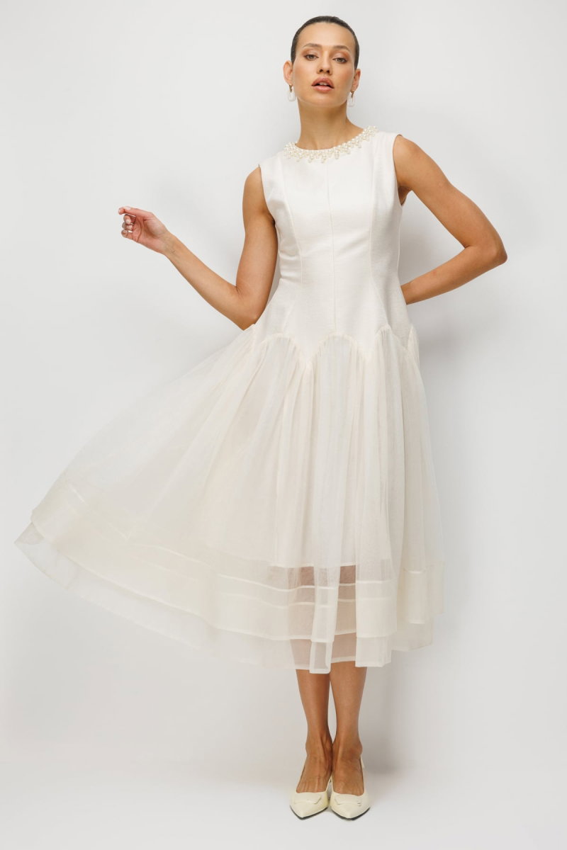 Ekol Kadın Yakası İncili Eteği Tül Maxi Elbise 6910 Ekru - Ekol