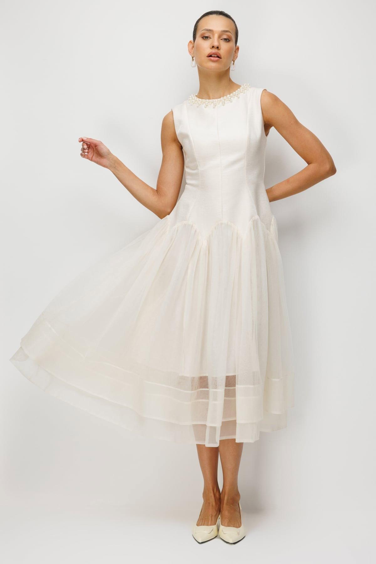 Ekol Kadın Yakası İncili Eteği Tül Maxi Elbise 6910 Ekru - 1