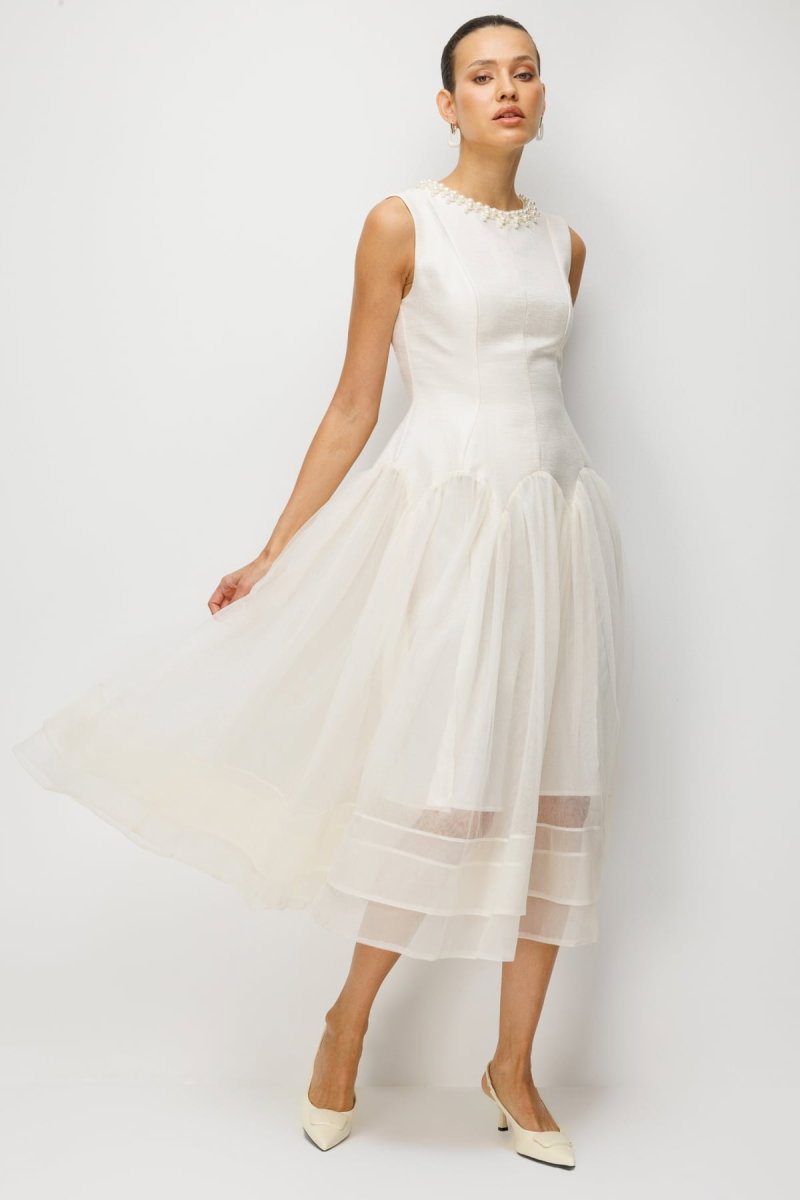 Ekol Kadın Yakası İncili Eteği Tül Maxi Elbise 6910 Ekru - 2