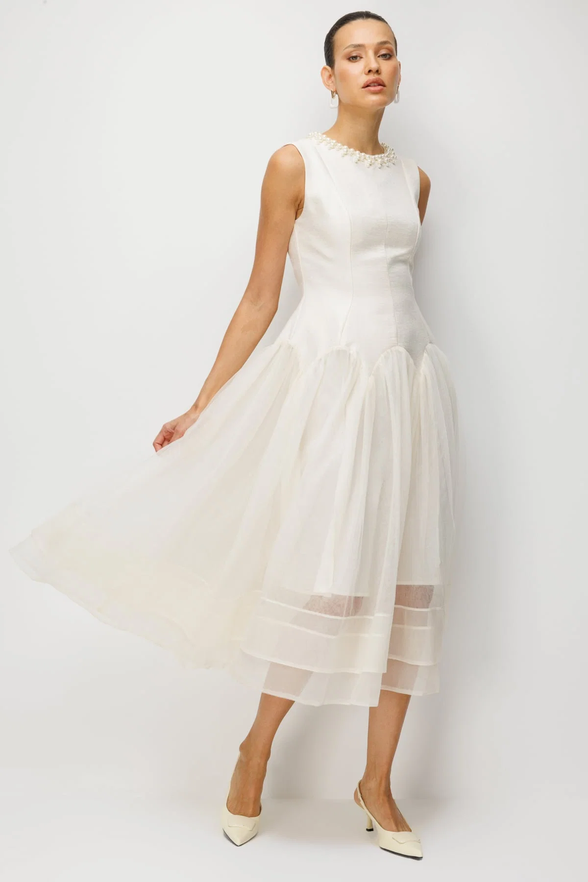 Ekol Kadın Yakası İncili Eteği Tül Maxi Elbise 6910 Ekru - 2