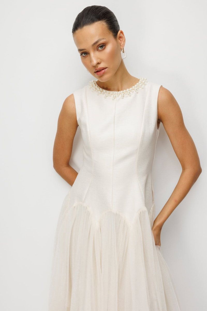 Ekol Kadın Yakası İncili Eteği Tül Maxi Elbise 6910 Ekru - 3