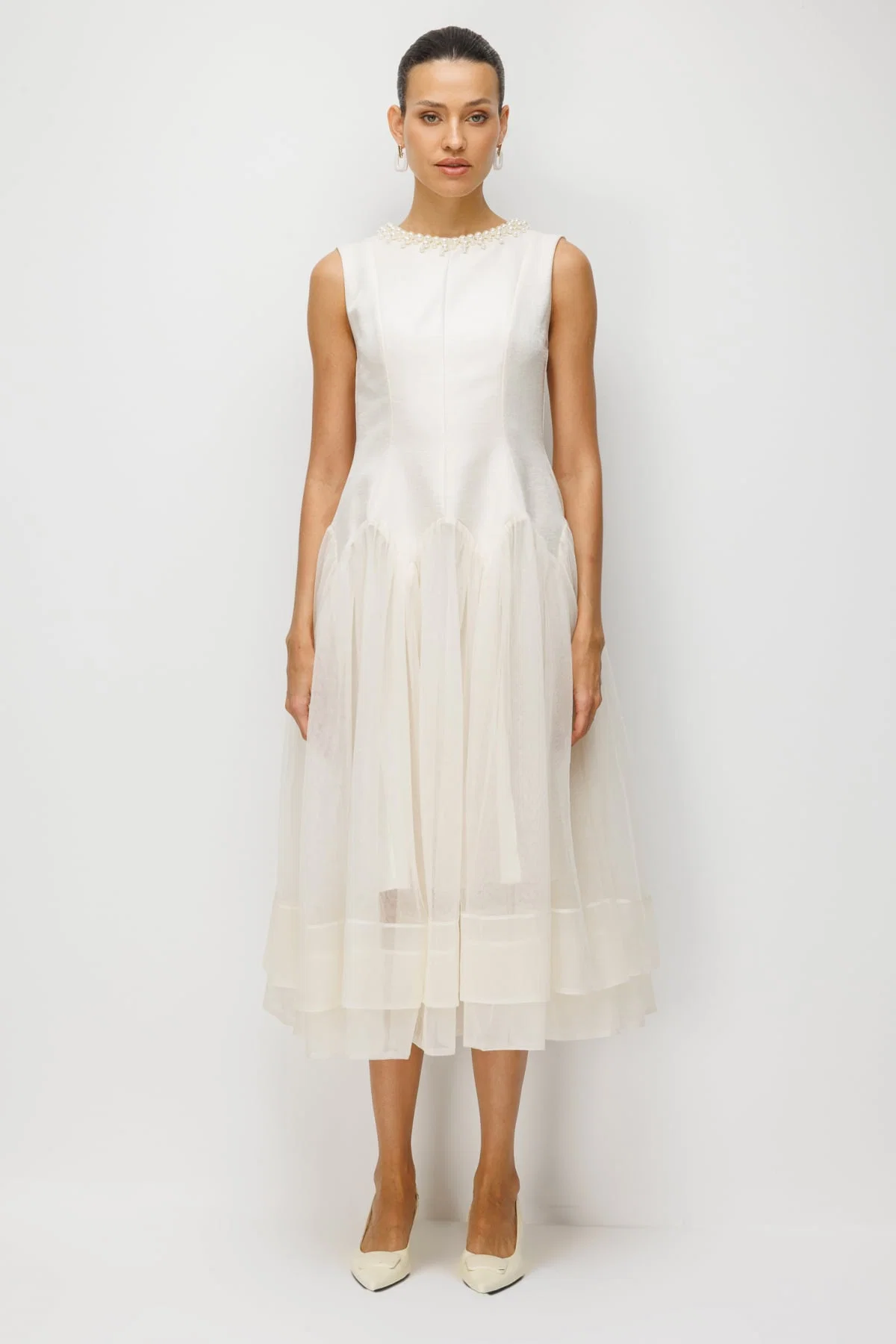 Ekol Kadın Yakası İncili Eteği Tül Maxi Elbise 6910 Ekru - 4