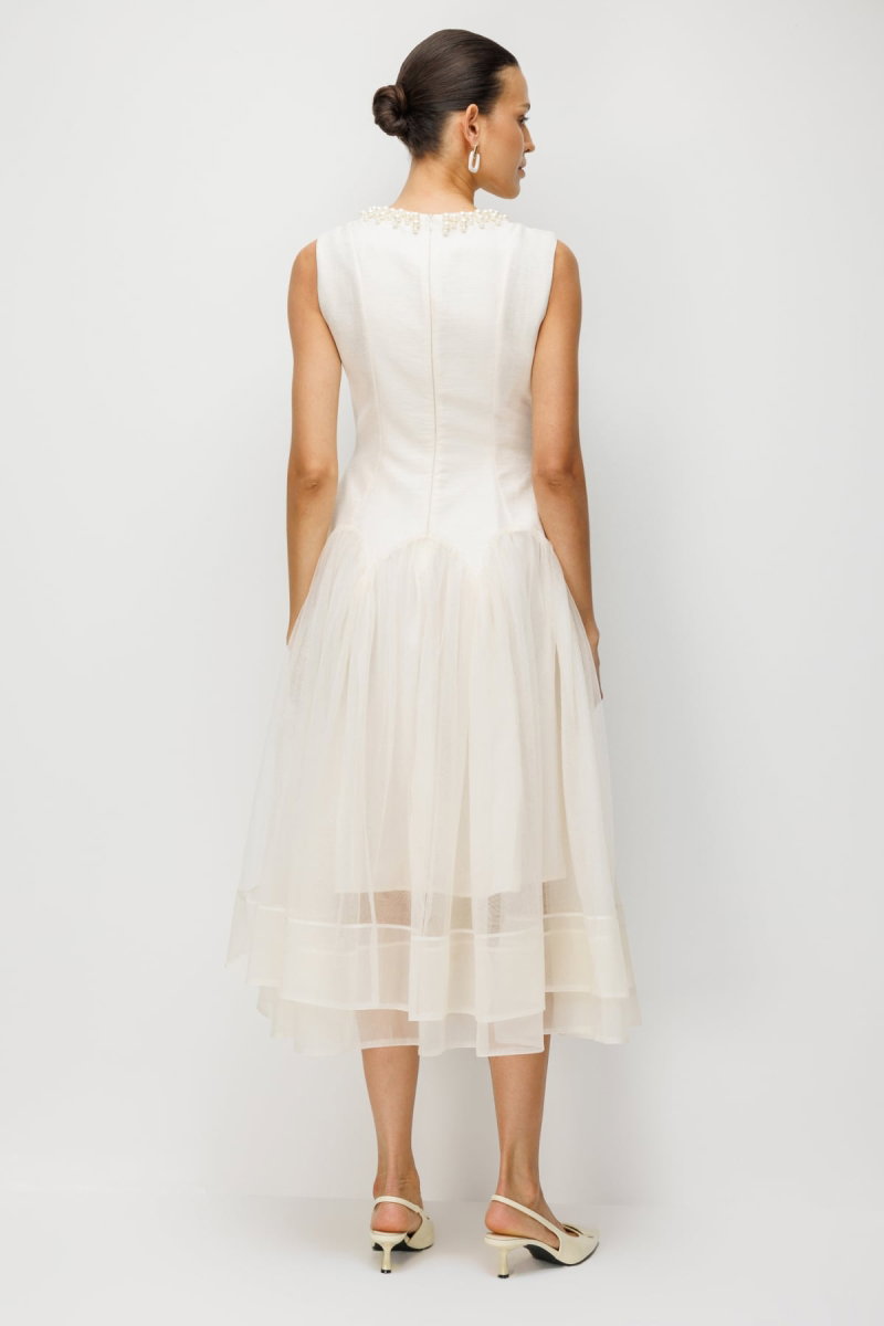 Ekol Kadın Yakası İncili Eteği Tül Maxi Elbise 6910 Ekru - 5