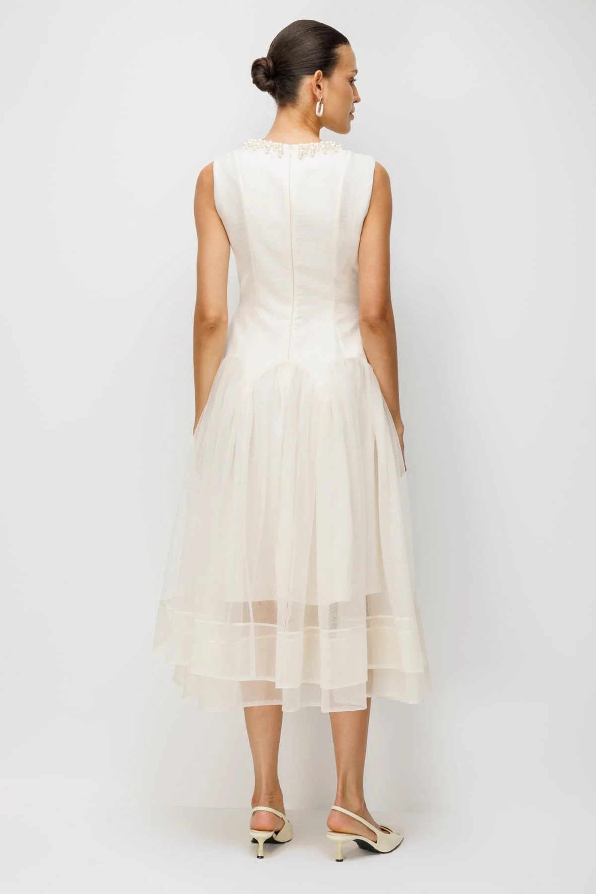 Ekol Kadın Yakası İncili Eteği Tül Maxi Elbise 6910 Ekru - 5