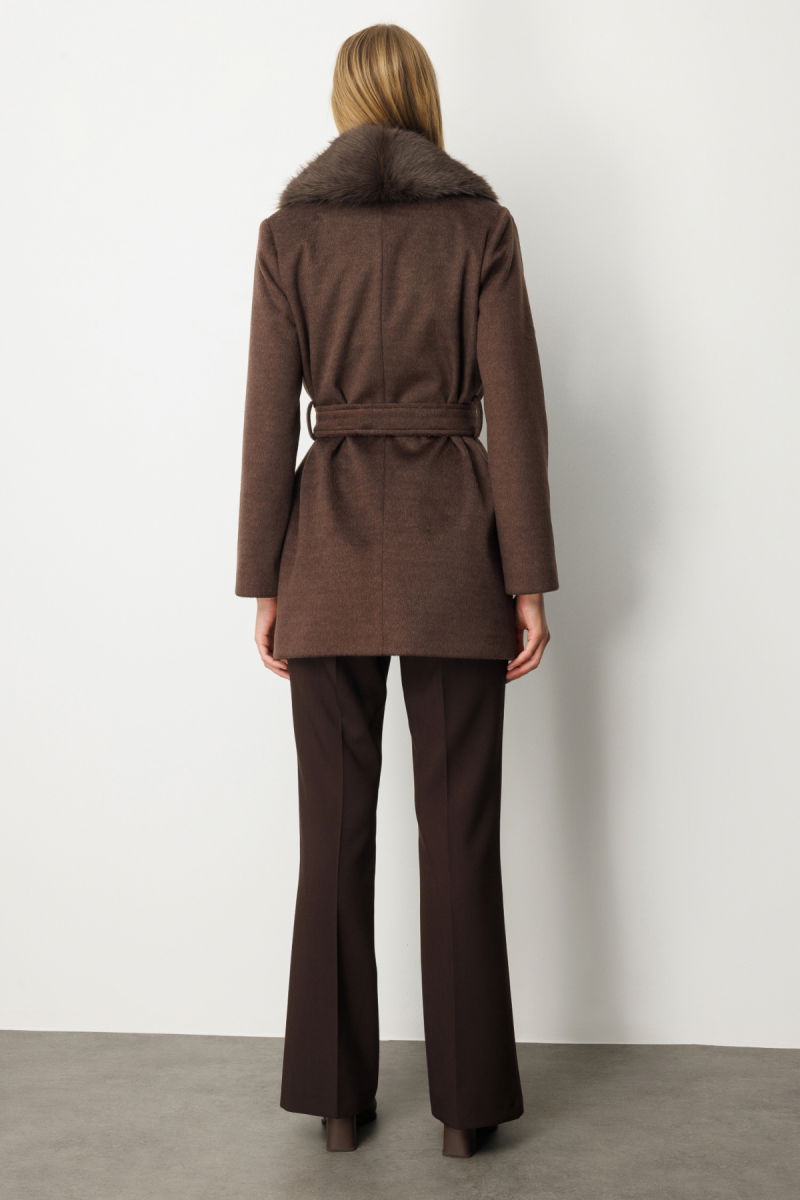 Ekol Kadın Yakası Kürklü Beli Kuşaklı Kaban 6079 Kahverengi - 4