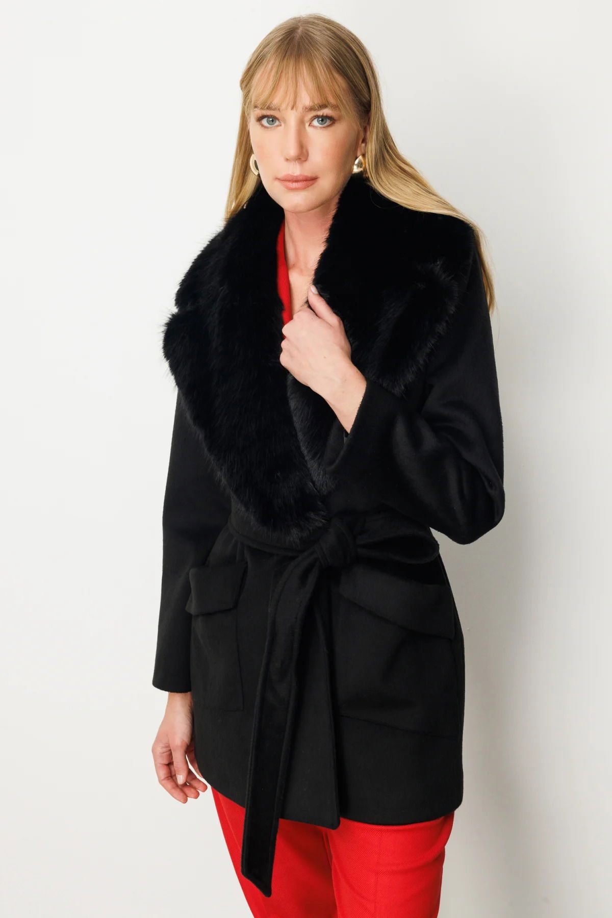 Ekol Kadın Yakası Kürklü Beli Kuşaklı Kaban 6079 Siyah - 2