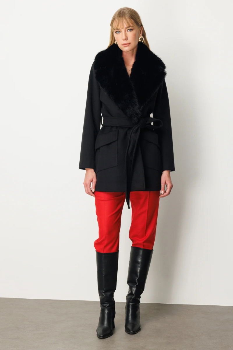 Ekol Kadın Yakası Kürklü Beli Kuşaklı Kaban 6079 Siyah - 4