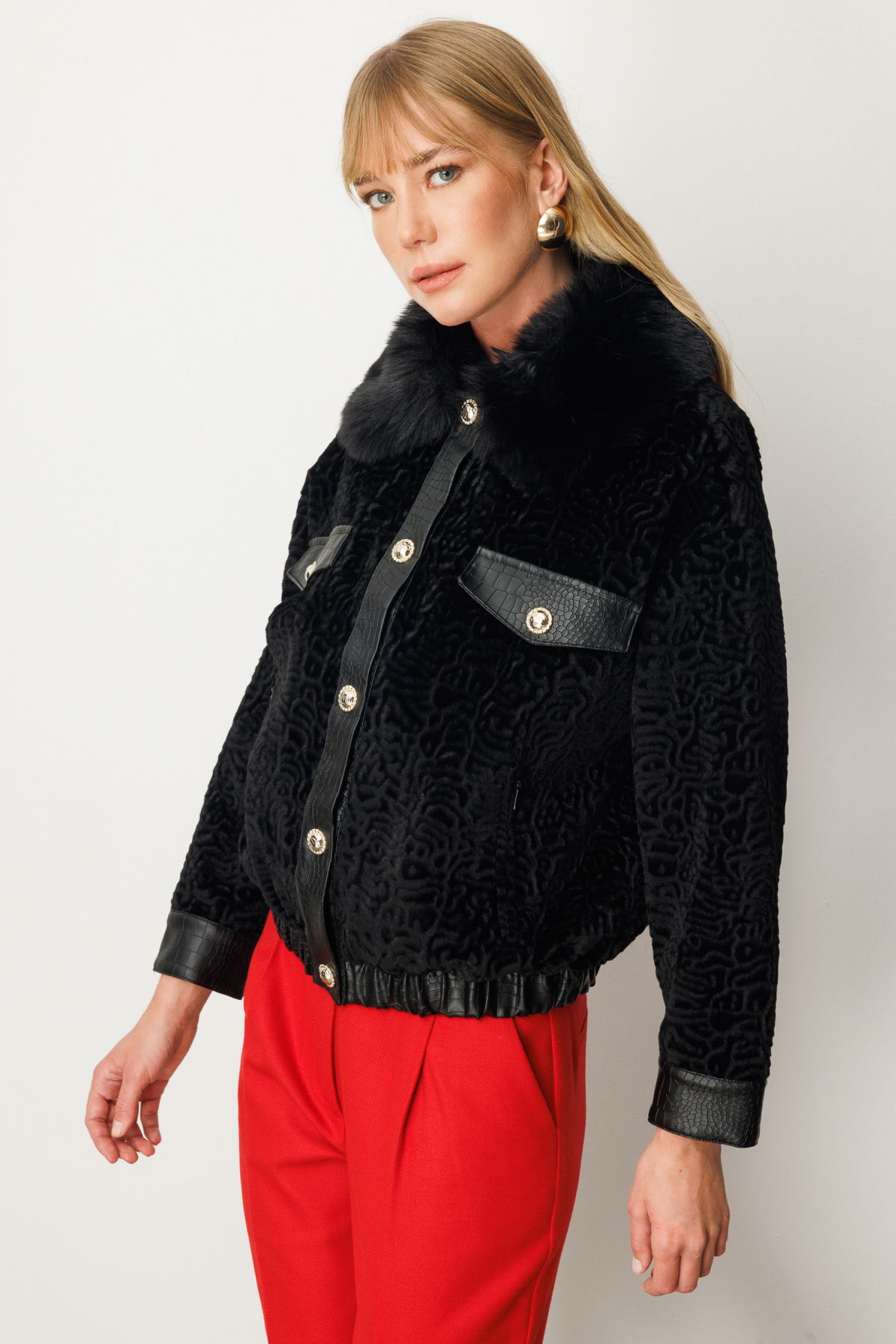 Ekol Kadın Yakası Kürklü Deri Detaylı Mont 6611 Siyah - 2