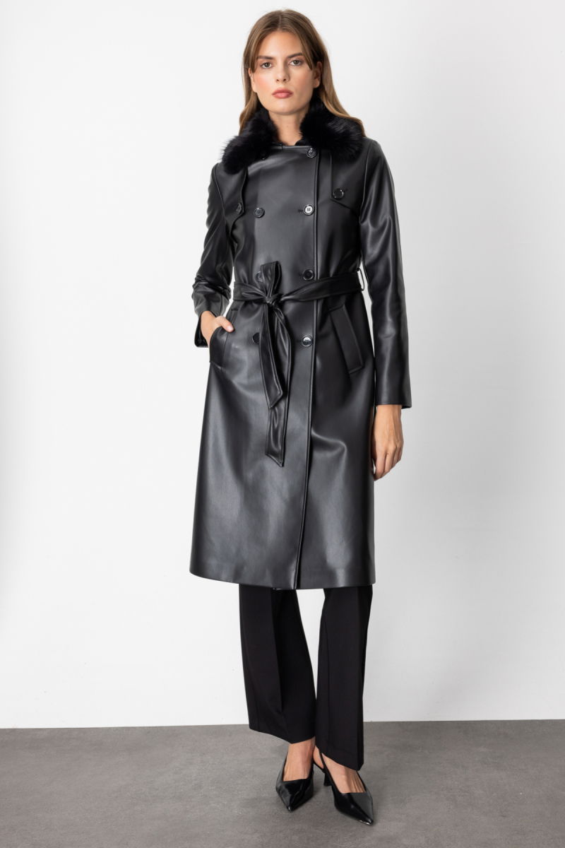 Ekol Kadın Yakası Kürklü Deri Trençkot 3013 Siyah - Ekol