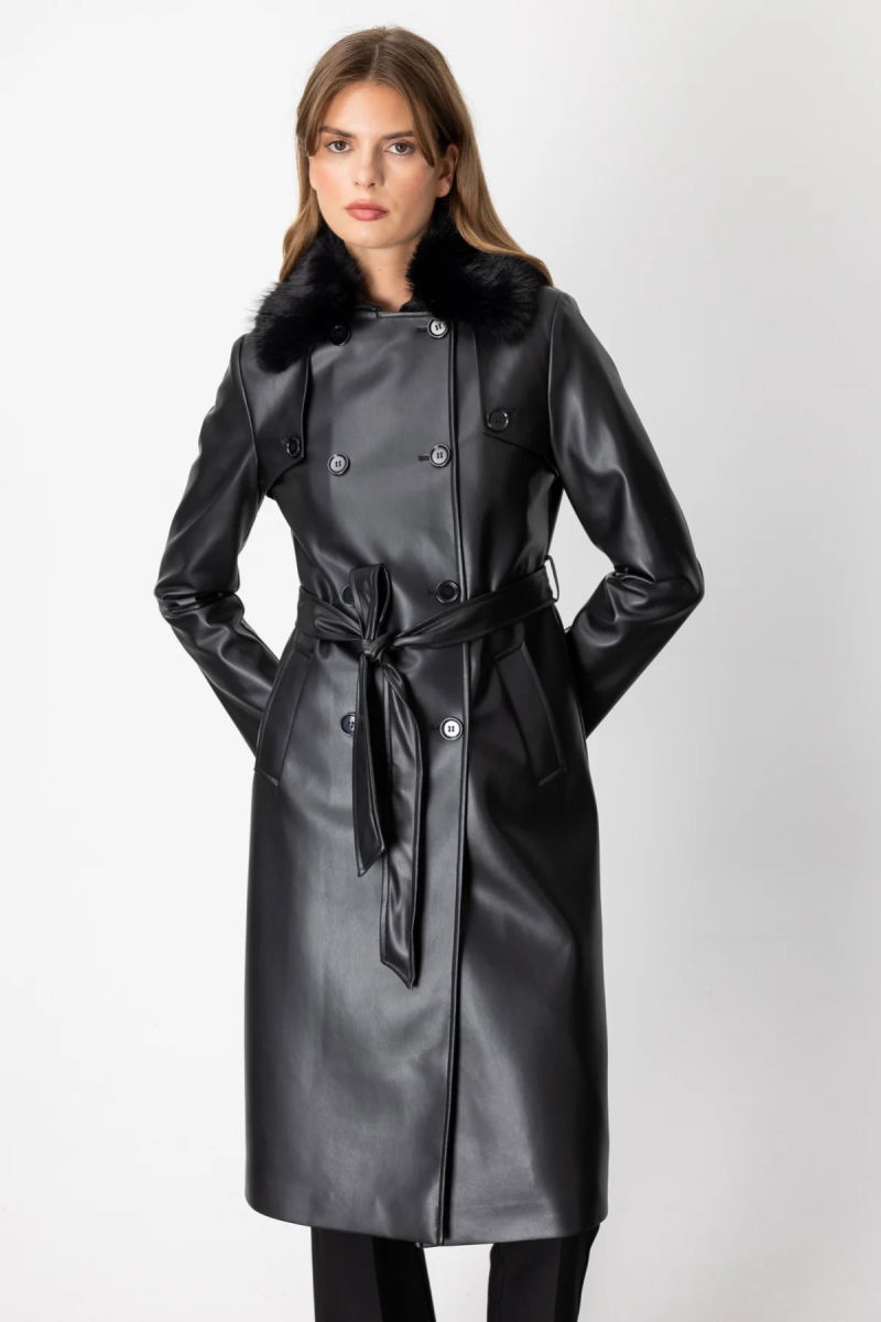 Ekol Kadın Yakası Kürklü Deri Trençkot 3013 Siyah - 2