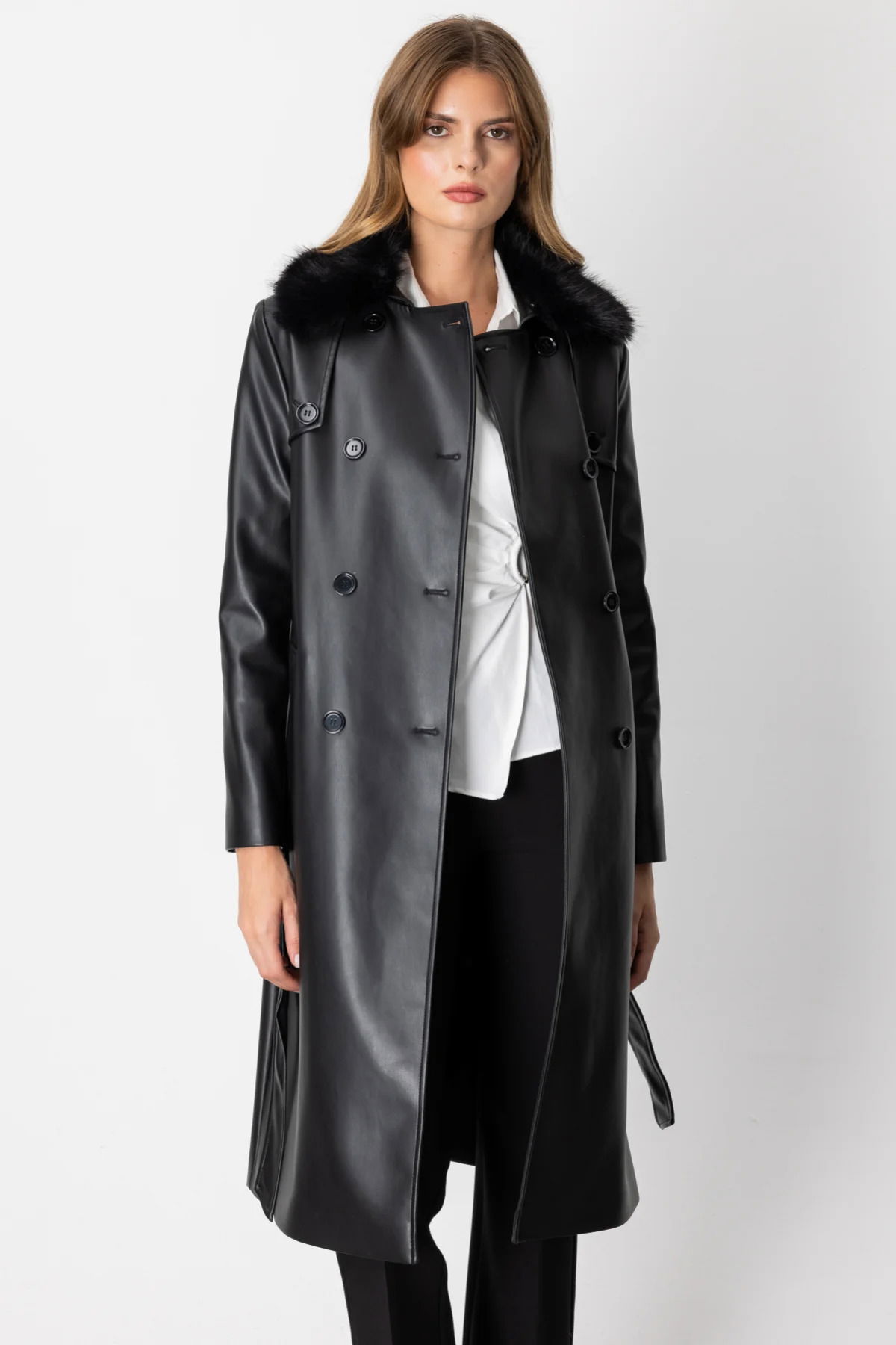 Ekol Kadın Yakası Kürklü Deri Trençkot 3013 Siyah - 3