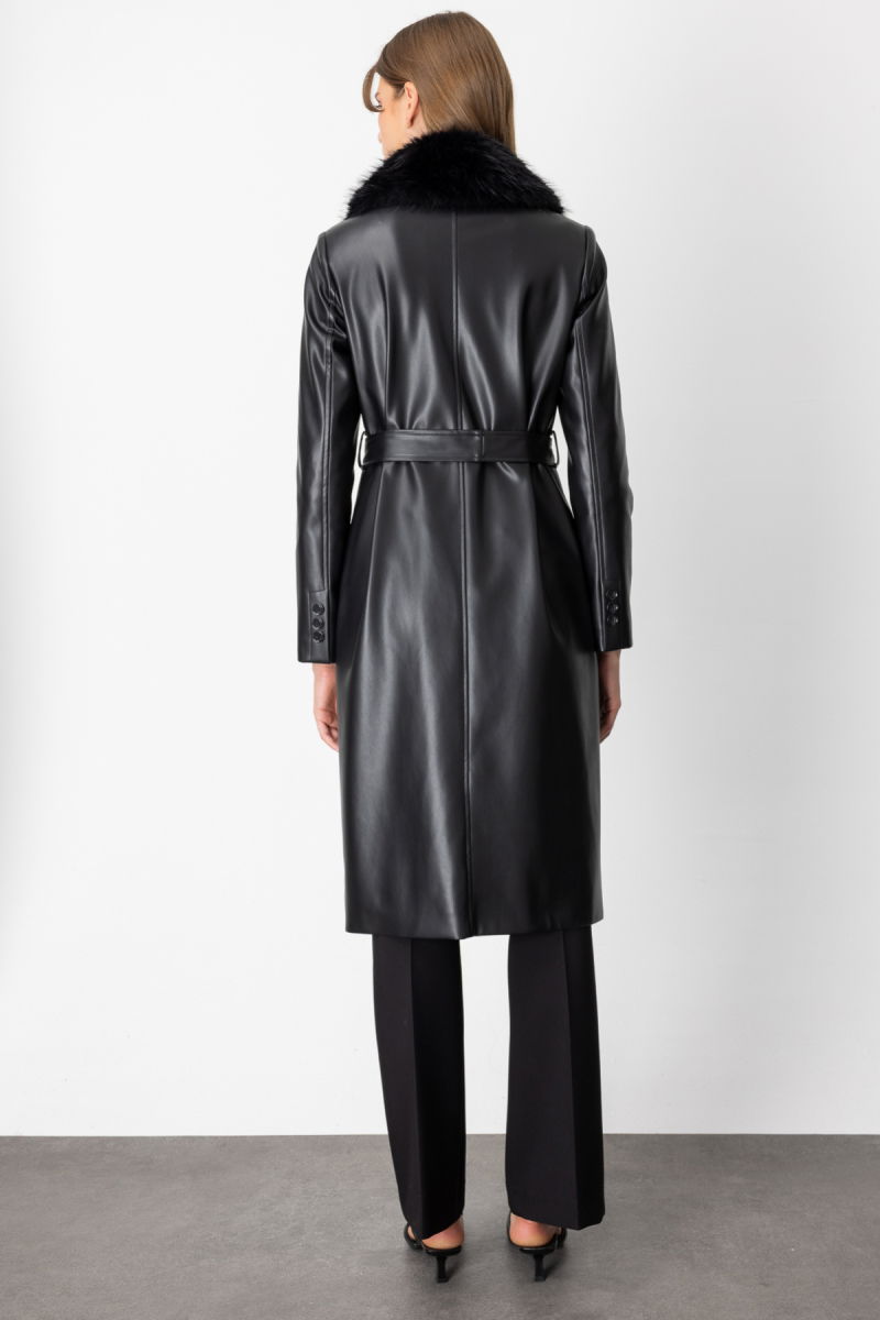 Ekol Kadın Yakası Kürklü Deri Trençkot 3013 Siyah - 4