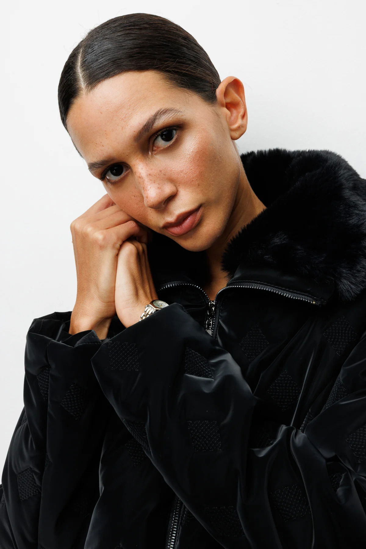 Ekol Kadın Yakası Kürklü Desenli Şişme Mont 6619 Siyah - 2