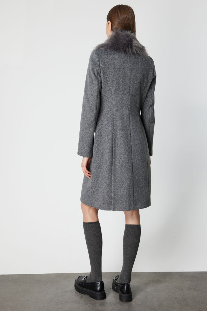 Ekol Kadın Yakası Kürklü Kapak Cepli Kaban 6065 Antrasit - 4