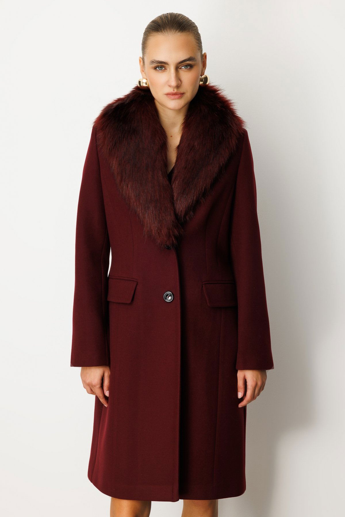 Ekol Kadın Yakası Kürklü Kapak Cepli Kaban 6065 Bordo - 2