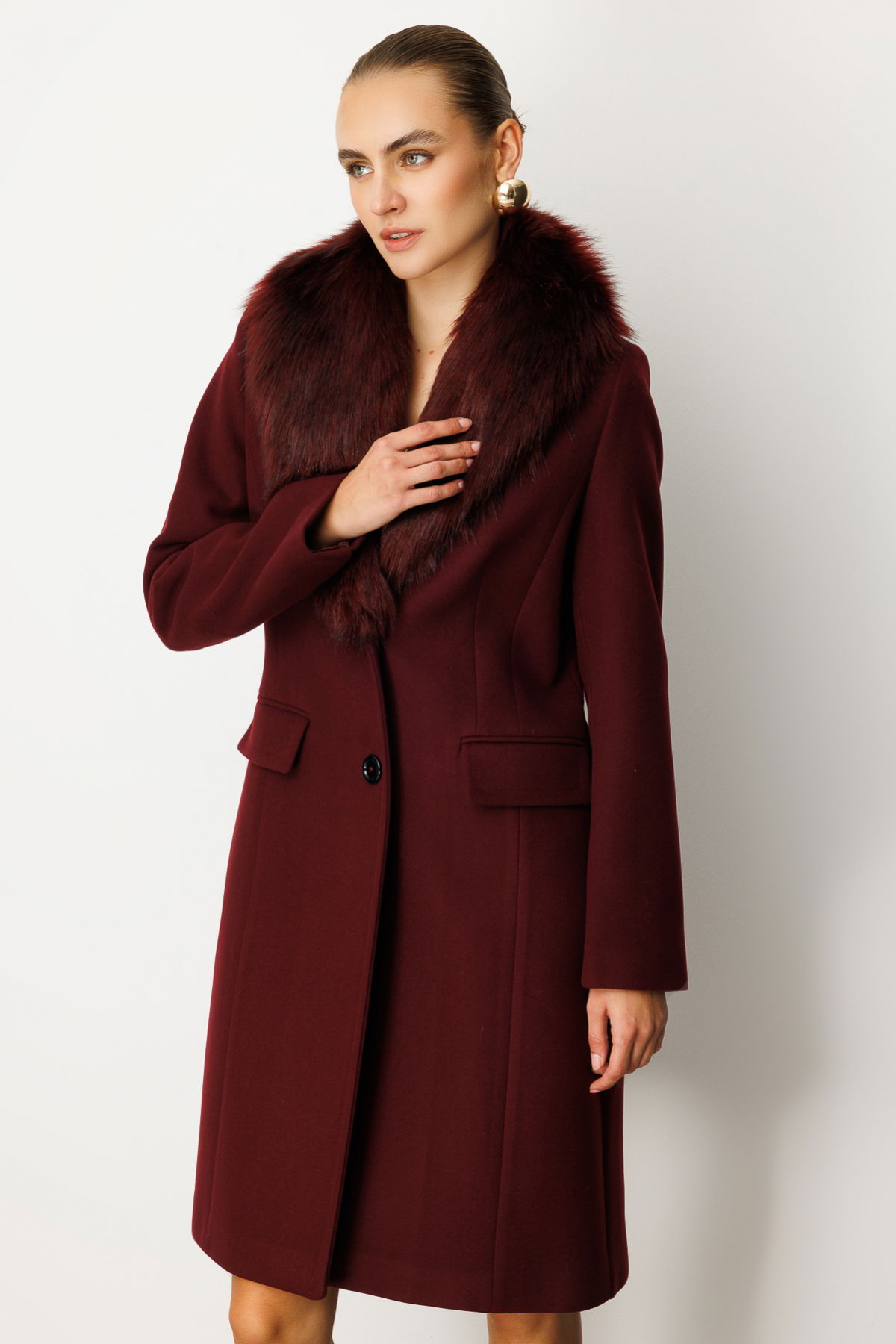 Ekol Kadın Yakası Kürklü Kapak Cepli Kaban 6065 Bordo - 3