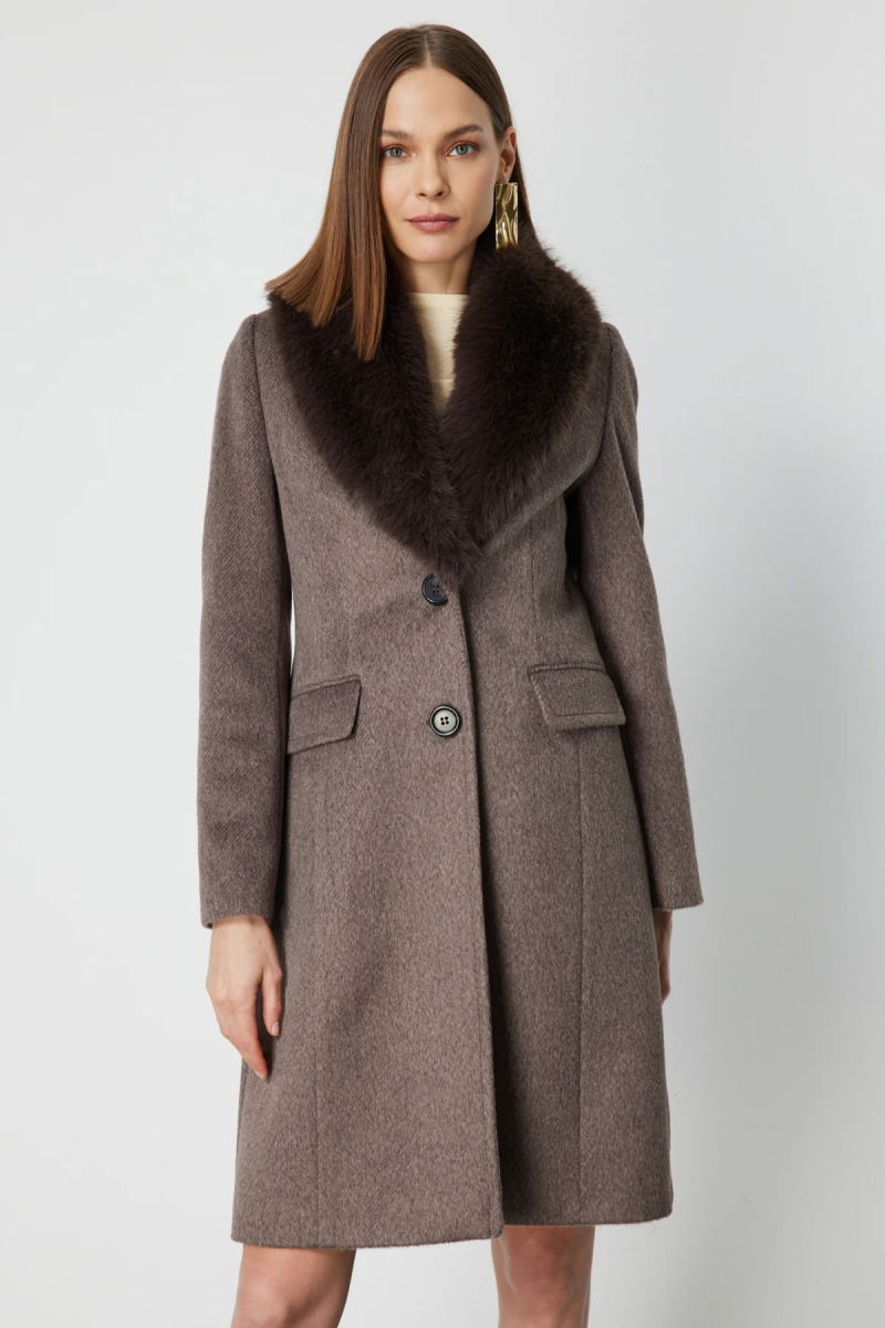Ekol Kadın Yakası Kürklü Kapak Cepli Kaban 6065 Mokka - 2