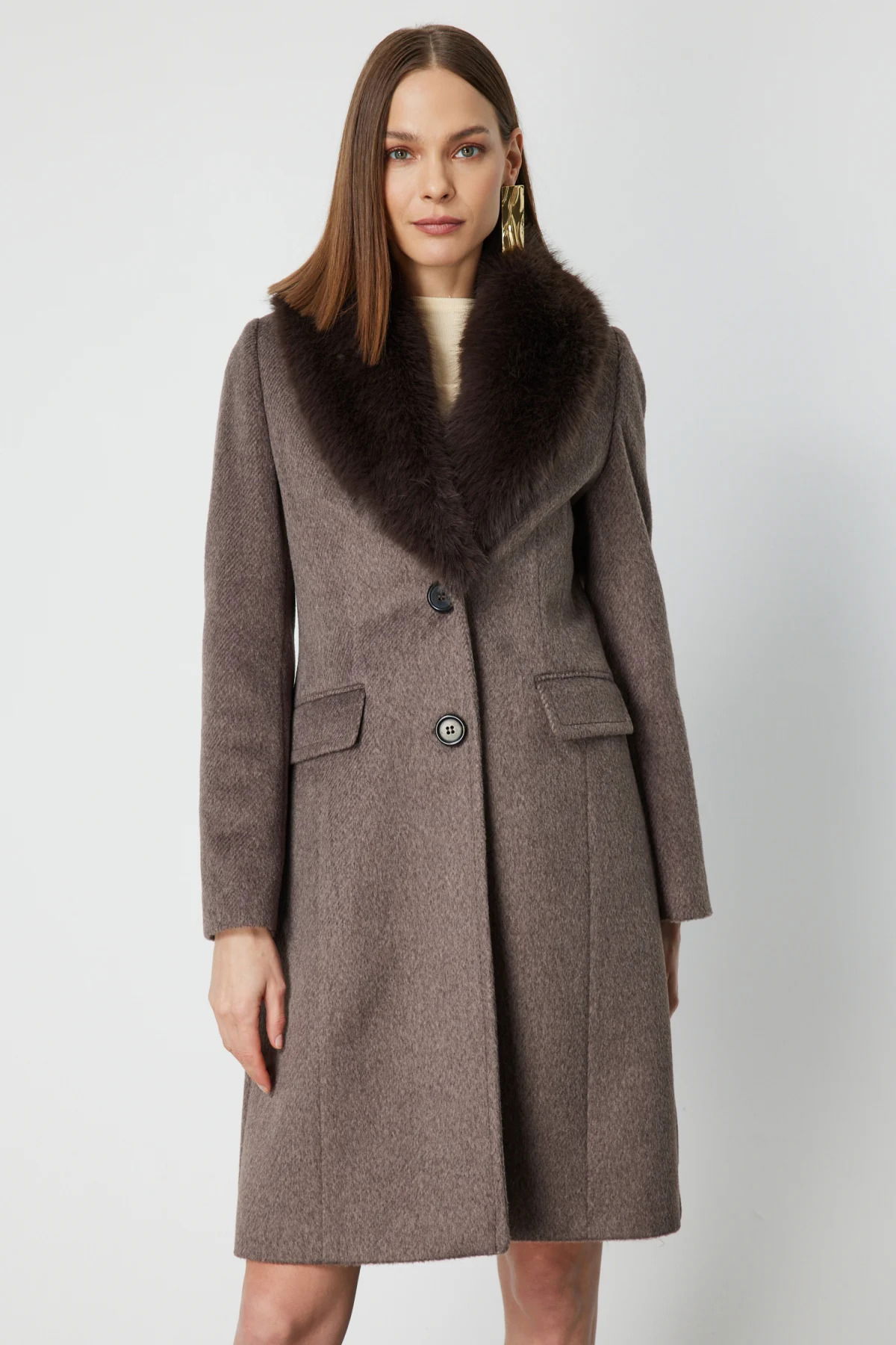 Ekol Kadın Yakası Kürklü Kapak Cepli Kaban 6065 Mokka - 2