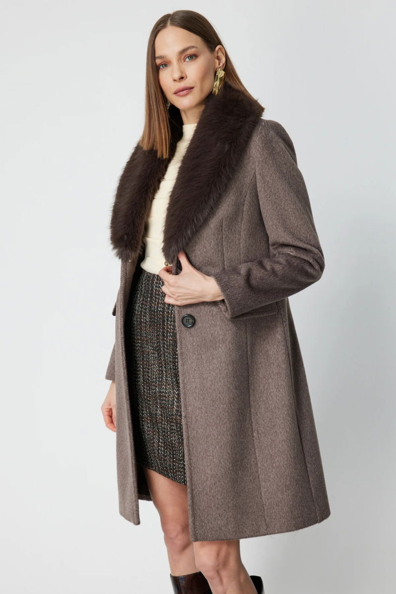 Ekol Kadın Yakası Kürklü Kapak Cepli Kaban 6065 Mokka - 3