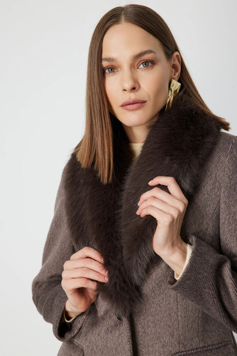 Ekol Kadın Yakası Kürklü Kapak Cepli Kaban 6065 Mokka - 4