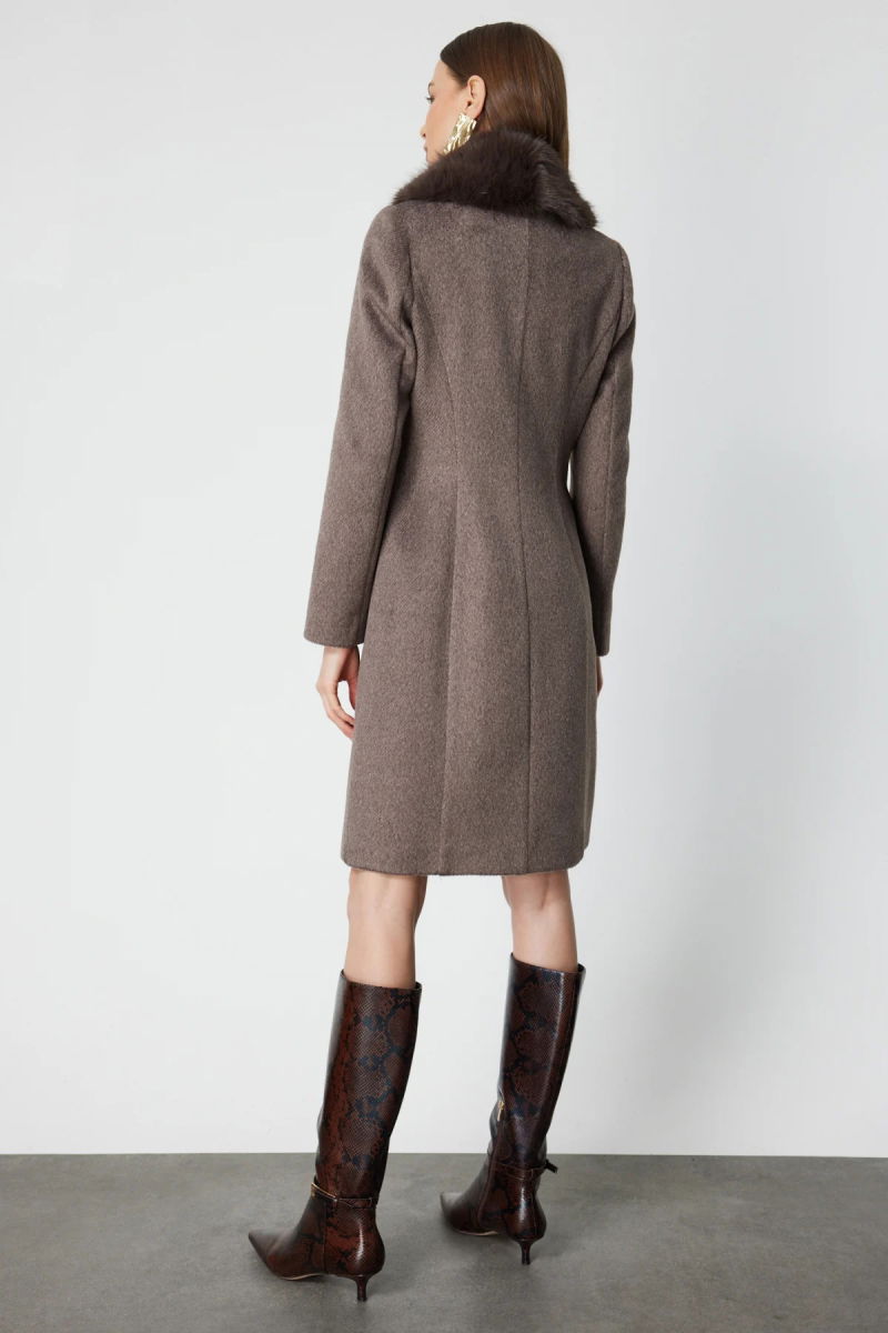 Ekol Kadın Yakası Kürklü Kapak Cepli Kaban 6065 Mokka - 5