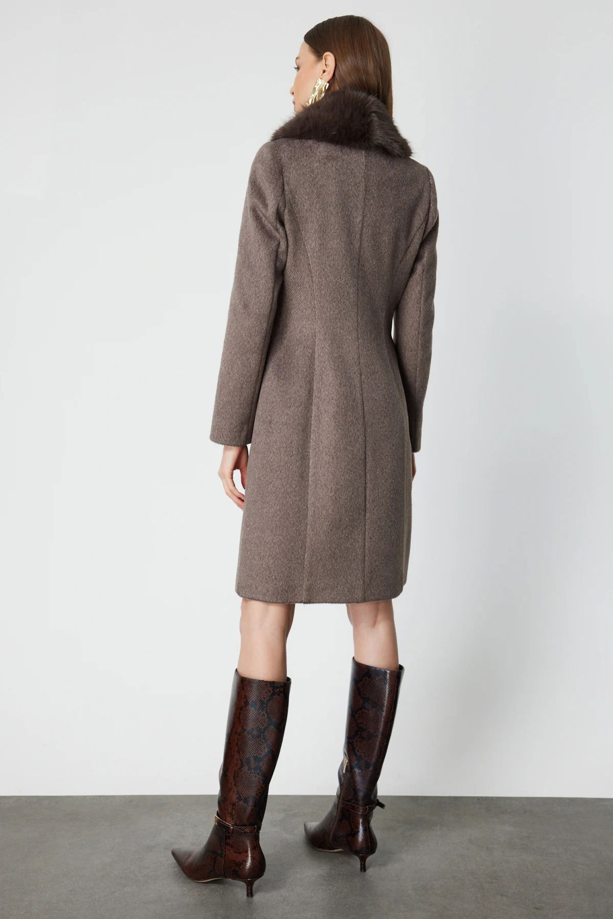 Ekol Kadın Yakası Kürklü Kapak Cepli Kaban 6065 Mokka - 5