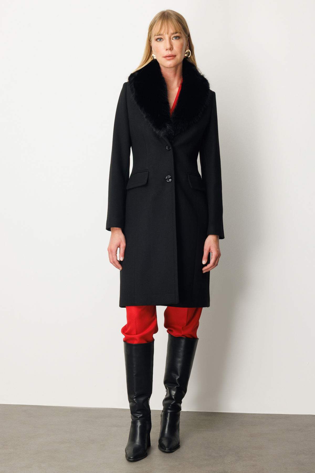 Ekol Kadın Yakası Kürklü Kapak Cepli Kaban 6065 Siyah - 1