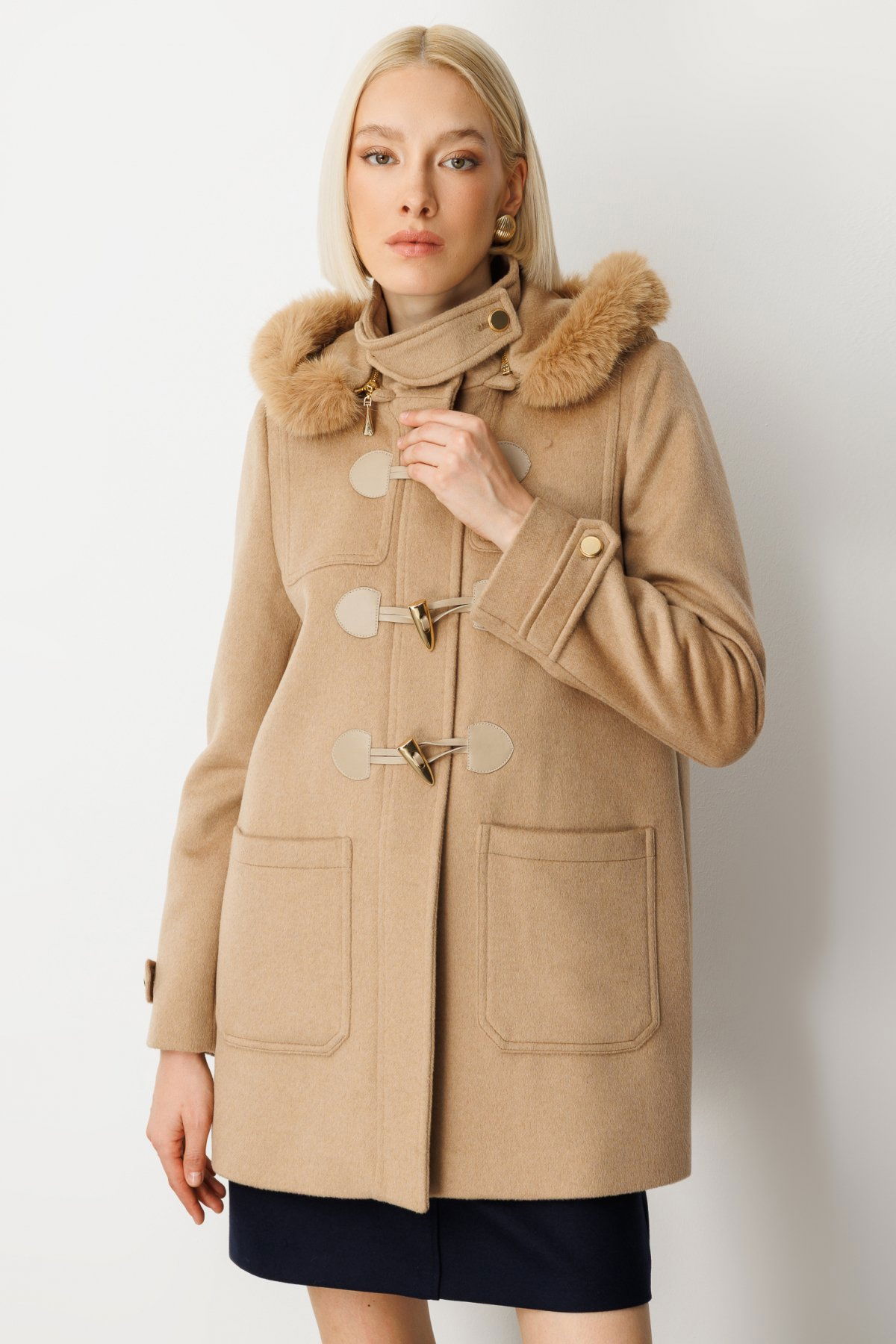 Ekol Kadın Yakası Kürklü Kapüşonlu Kaban 6015 Camel - 1
