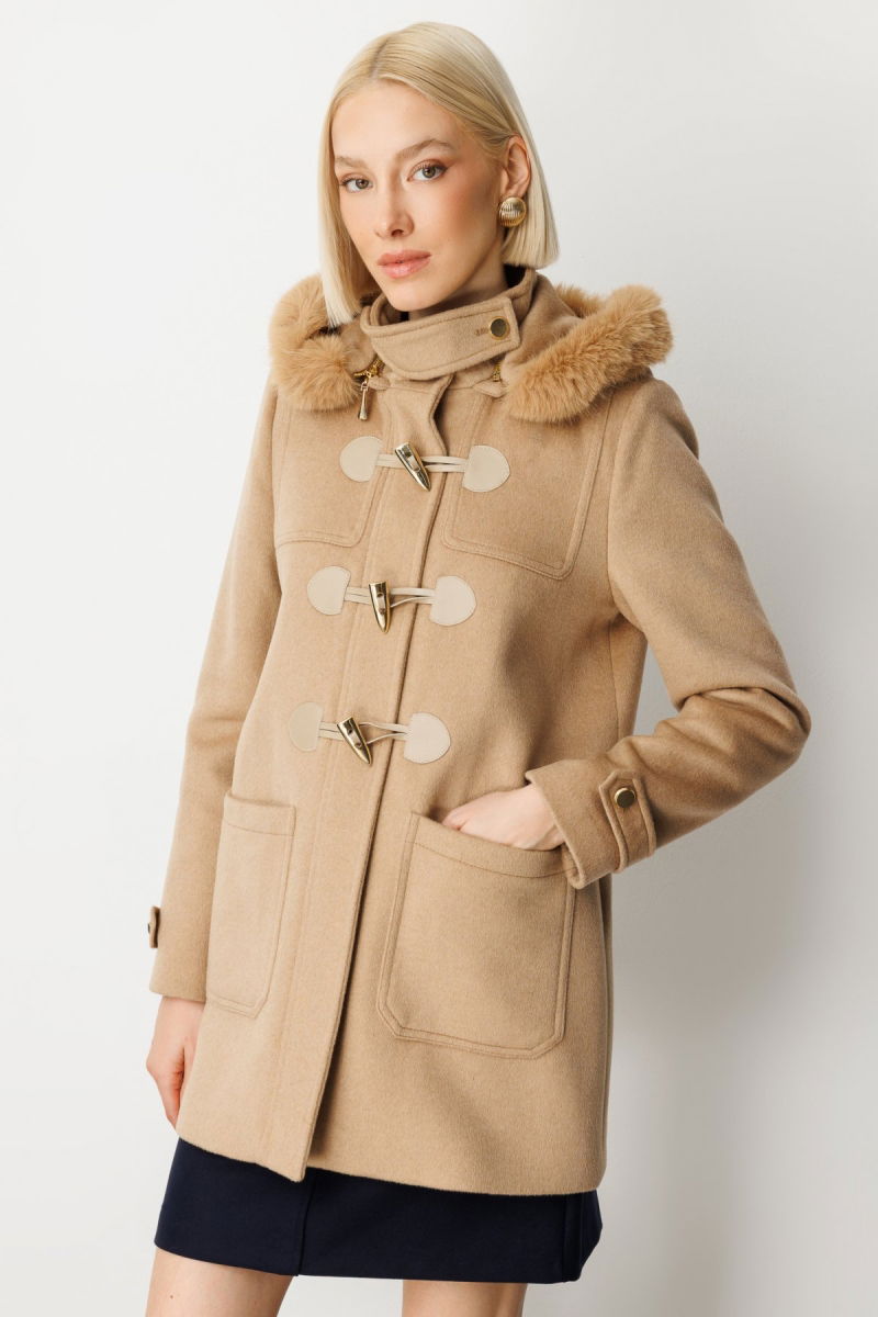 Ekol Kadın Yakası Kürklü Kapüşonlu Kaban 6015 Camel - 2