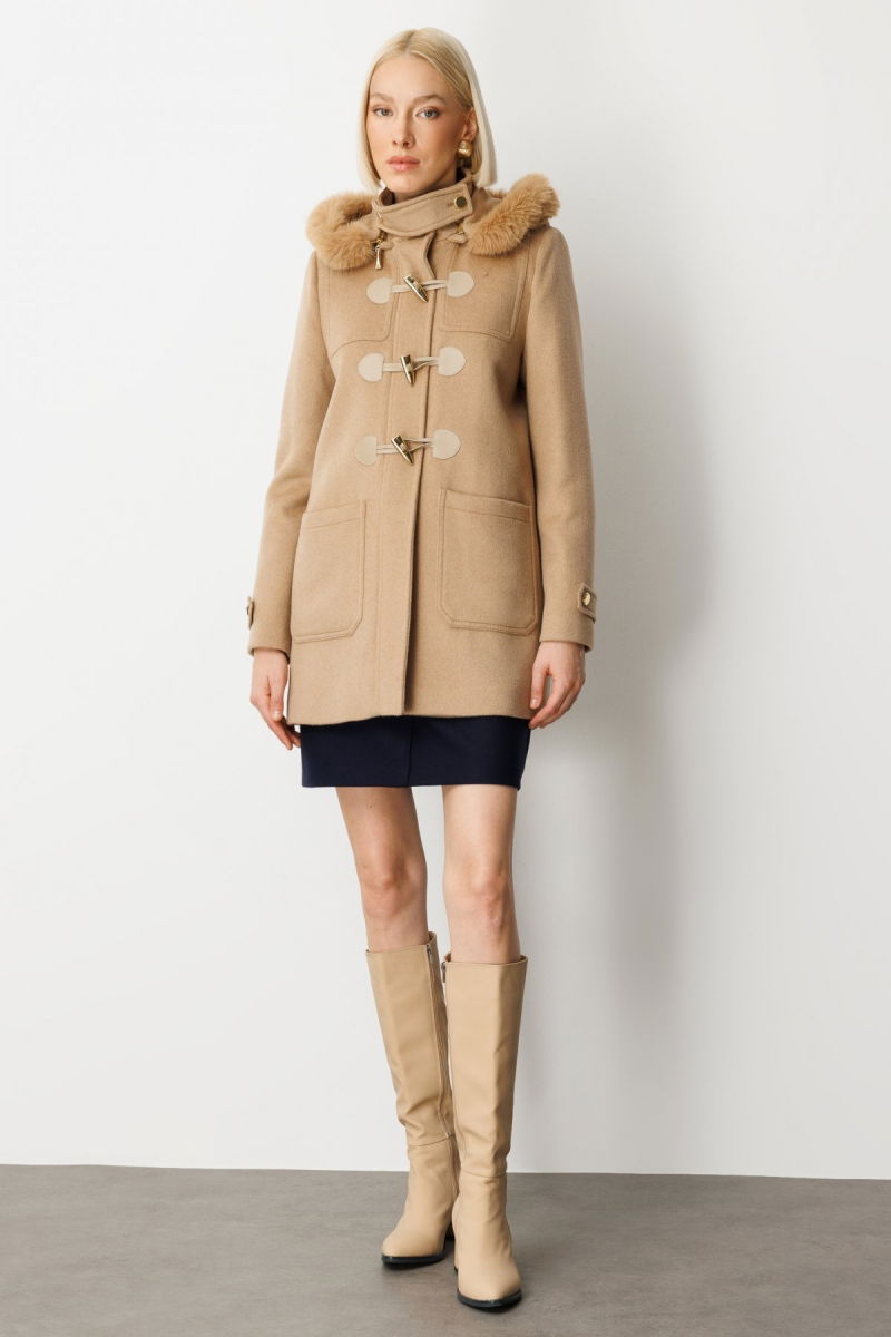 Ekol Kadın Yakası Kürklü Kapüşonlu Kaban 6015 Camel - 4