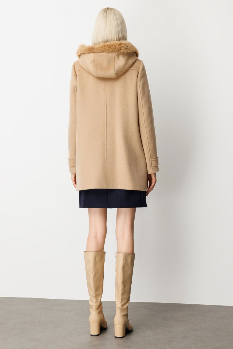 Ekol Kadın Yakası Kürklü Kapüşonlu Kaban 6015 Camel - 5