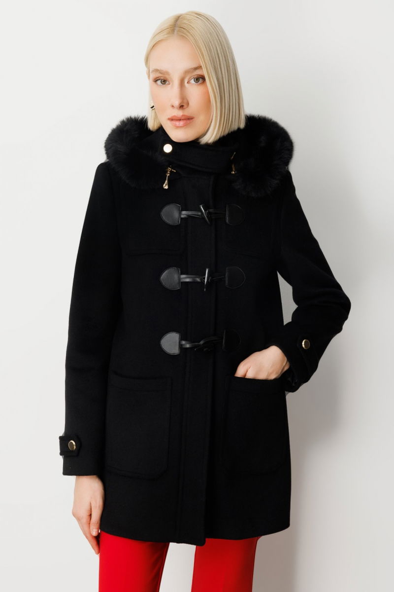 Ekol Kadın Yakası Kürklü Kapüşonlu Kaban 6015 Siyah - Ekol