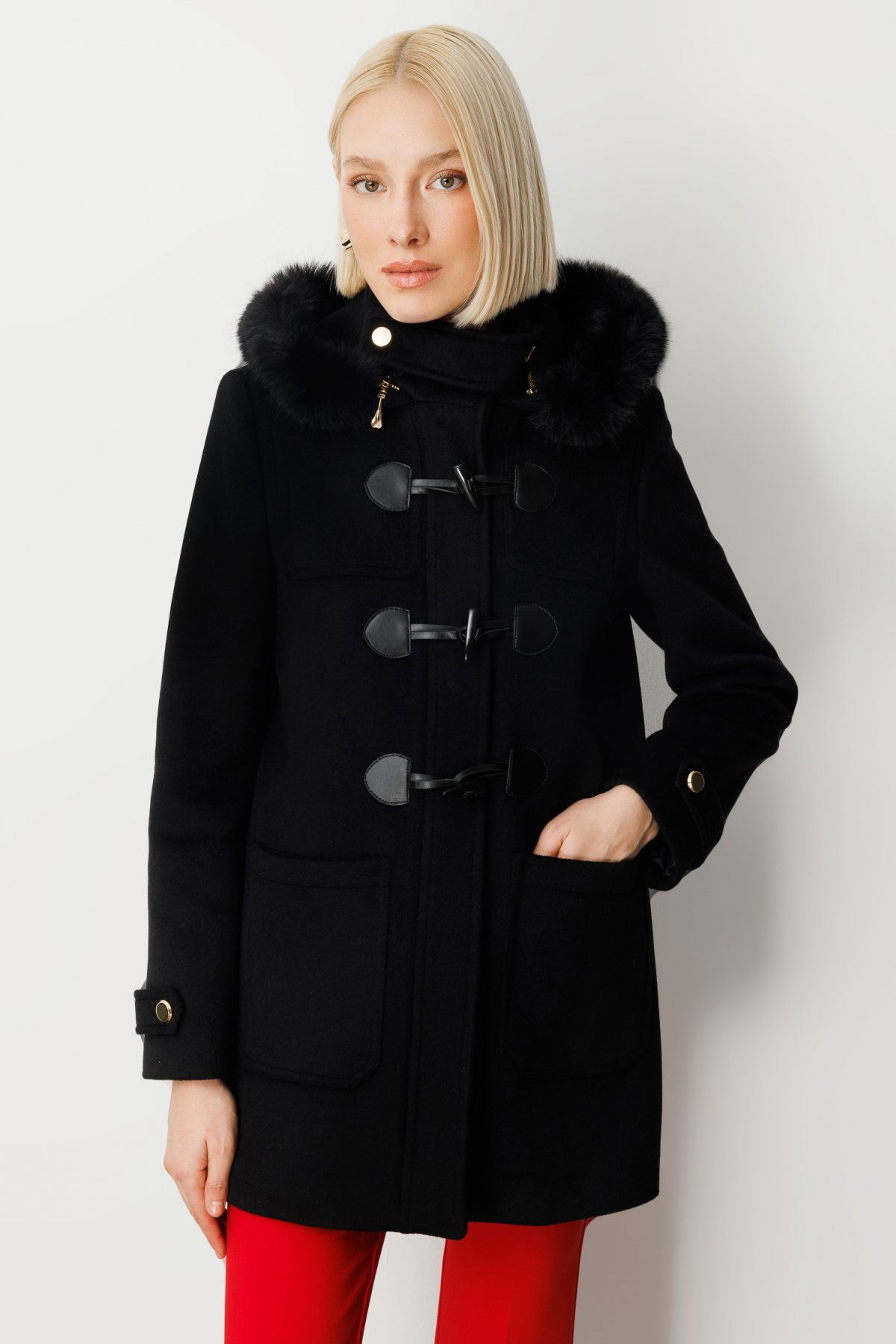 Ekol Kadın Yakası Kürklü Kapüşonlu Kaban 6015 Siyah - 1