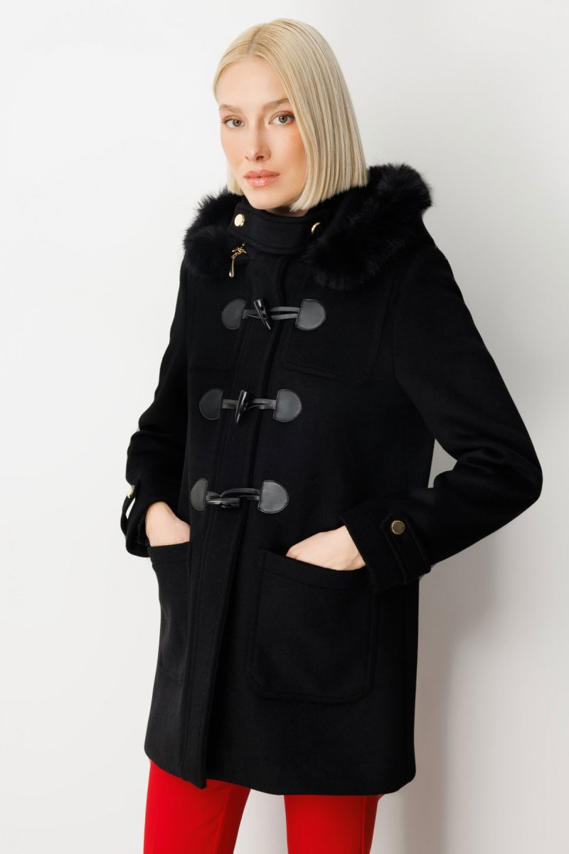Ekol Kadın Yakası Kürklü Kapüşonlu Kaban 6015 Siyah - 2