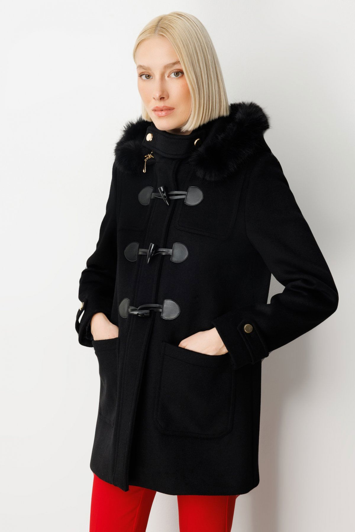 Ekol Kadın Yakası Kürklü Kapüşonlu Kaban 6015 Siyah - 2