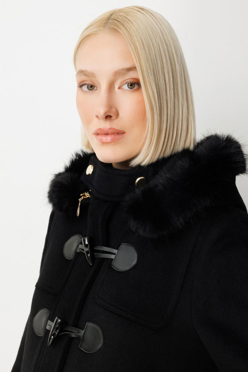 Ekol Kadın Yakası Kürklü Kapüşonlu Kaban 6015 Siyah - 3