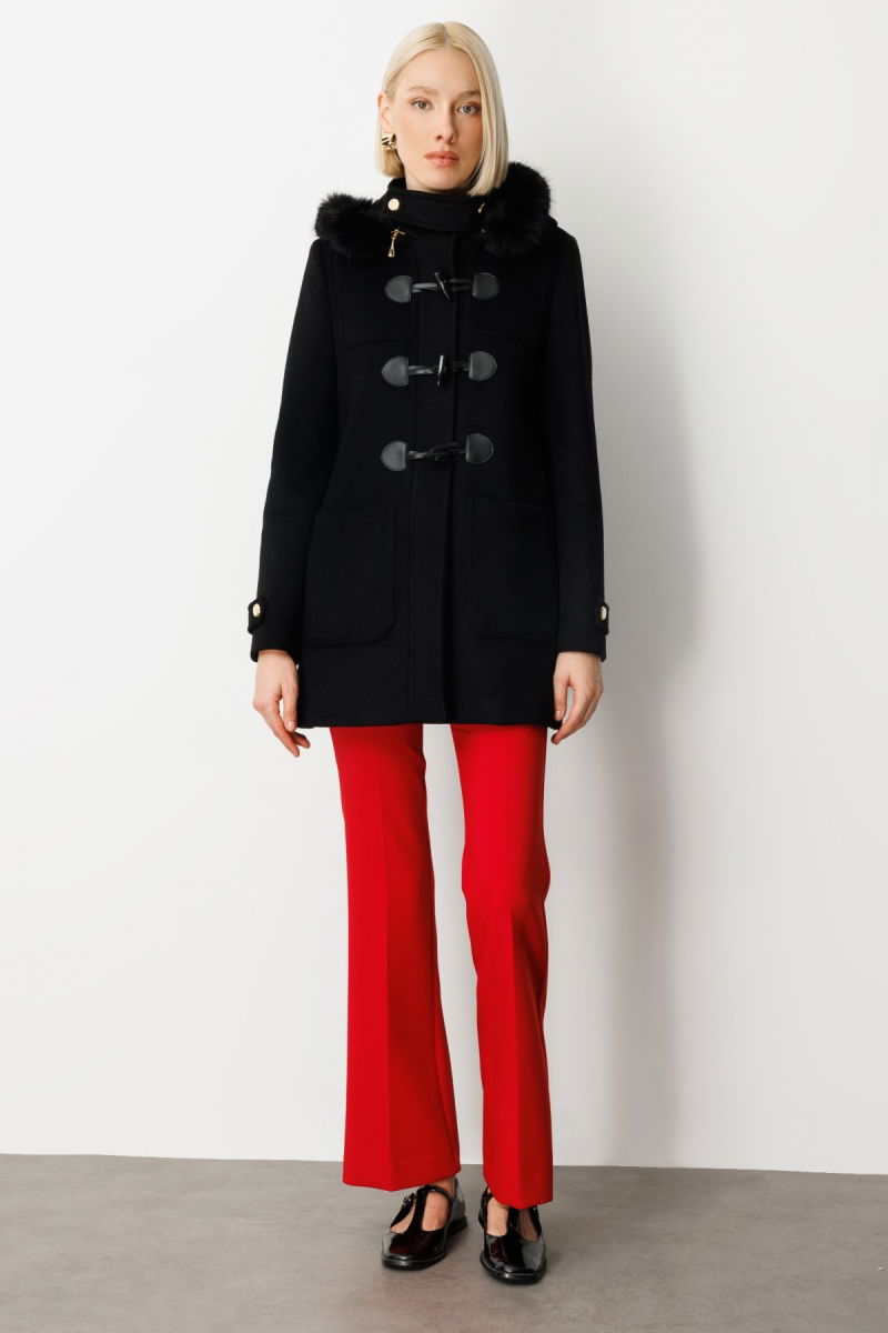 Ekol Kadın Yakası Kürklü Kapüşonlu Kaban 6015 Siyah - 4
