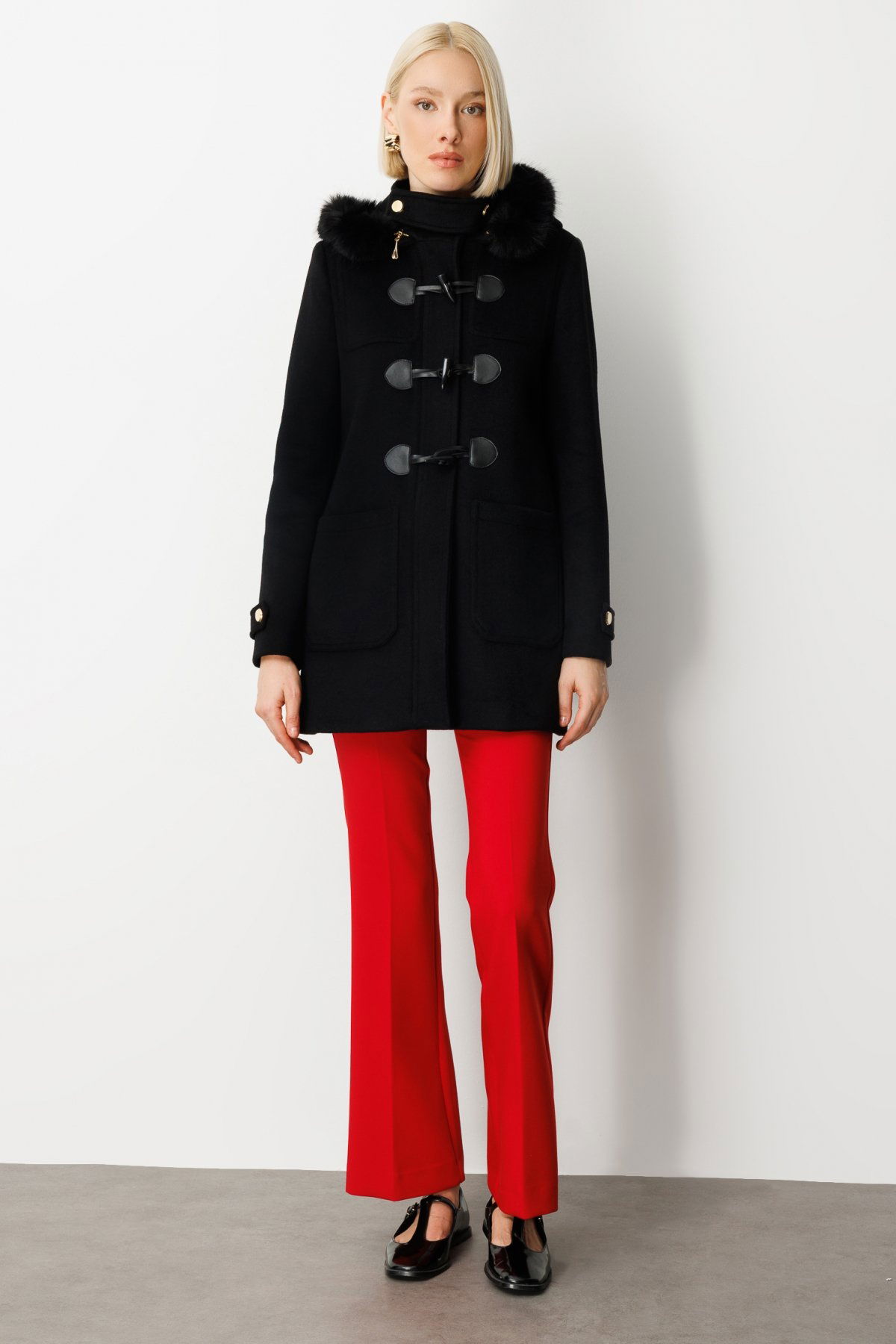 Ekol Kadın Yakası Kürklü Kapüşonlu Kaban 6015 Siyah - 4