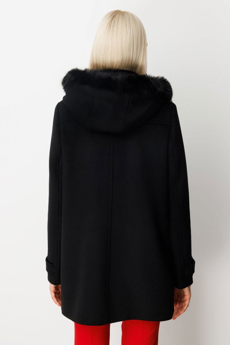 Ekol Kadın Yakası Kürklü Kapüşonlu Kaban 6015 Siyah - 5